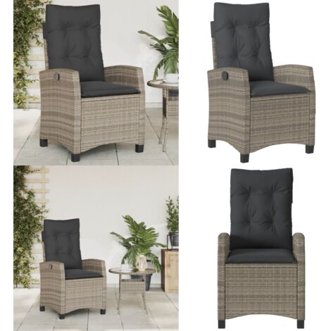 Sedia Reclinabile da Giardino con Cuscini Grigia in Polyrattan - Polyrattan - Cuscino da seduta