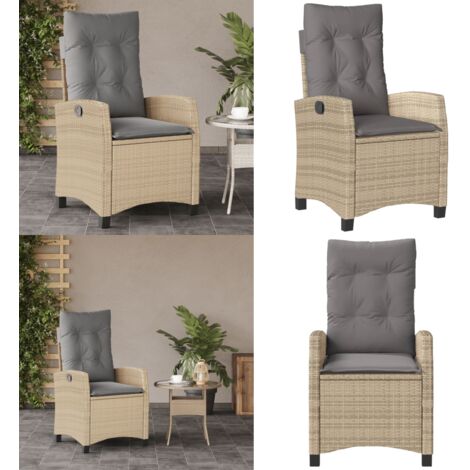 Sedia Reclinabile Giardino con Cuscini Beige Misto Polyrattan - Poltrona da giardino con cuscino - Cuscino sfoderabile