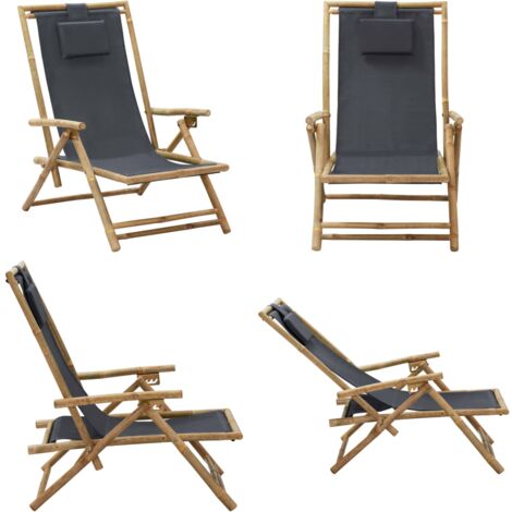 Sedia Relax reclinabile Grigio Scuro in Bambù e Tessuto - Sedia pieghevole - Sedia da giardino
