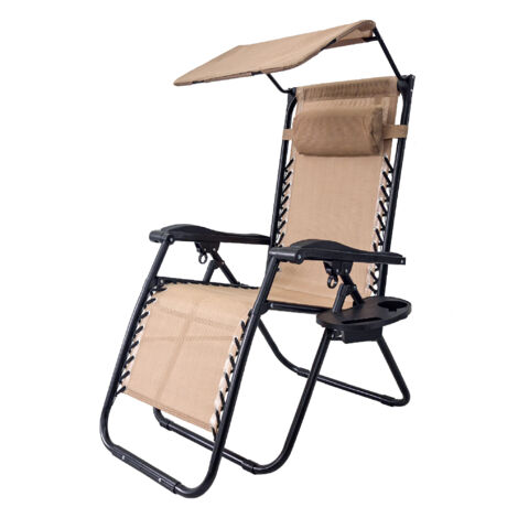 Sedia Sdraio 0 Gravità Pieghevole Professionale con Tettuccio Parasole e Poggiapiedi in Acciaio e Textilene – Reclinabile con Cuscino e Porta Bevande, Ideale per Giardino, Piscina e Campeggio Beige