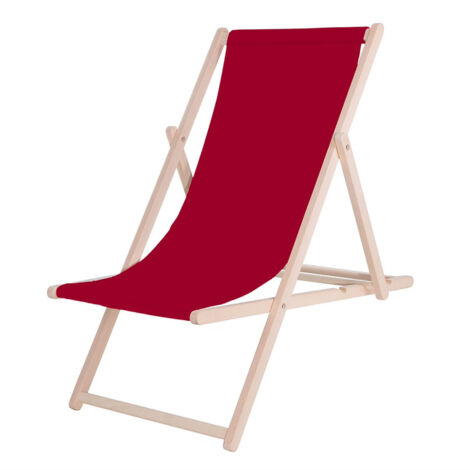 Sedia sdraio pieghevole in legno con tessuto bordeaux.