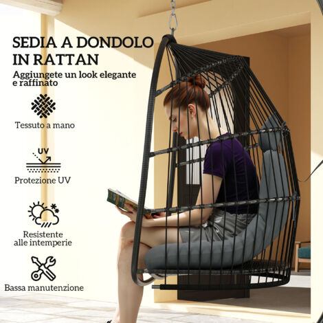 Sedia sospesa a forma di uovo in rattan con gancio, cuscini imbottiti e poggiatesta, sedia a dondolo pieghevole da giardino in acciaio, per uso interno ed esterno, 74x68x105 cm, grigio scuro