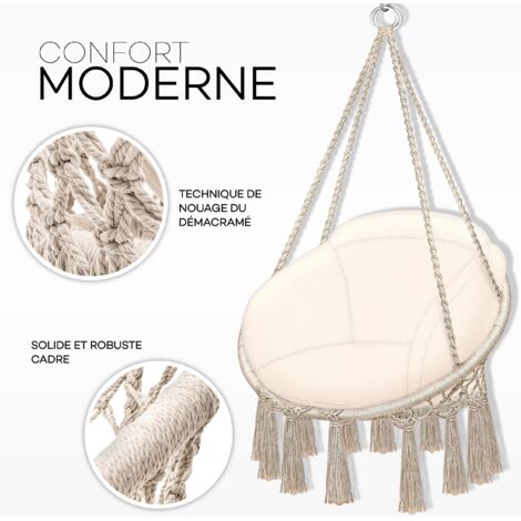 Sedia sospesa con cuscino grande 200 kg  Poltrona relax con frange - per interni ed esterni  Amaca con comodi cuscini di seduta  Kit di sospensione