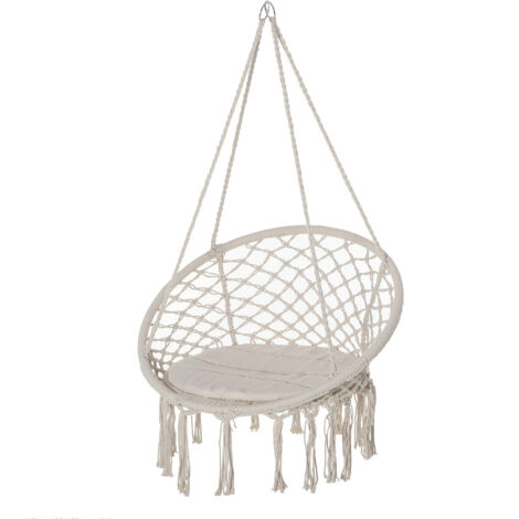 Sedia sospesa rotonda Ø60 cm, amaca con cuscino e corda di cotone per uso interno ed esterno 80x80x42 cm Beige