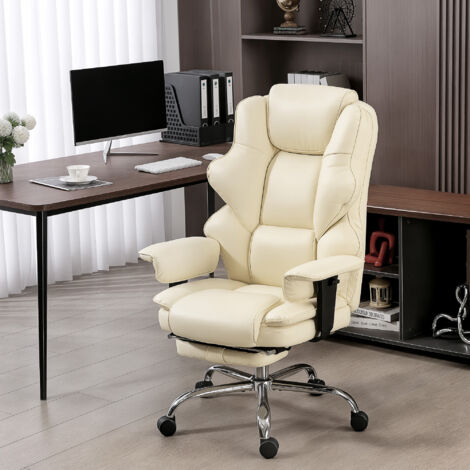 Sedia Ufficio Ergonomica con Poggiapiedi, Poltrona Direzionale Reclinabile in Pelle PU, Portata 180kg, Girevole, Schienale Alto, Braccioli Imbottiti e Altezza Regolabile, Bianco Crema