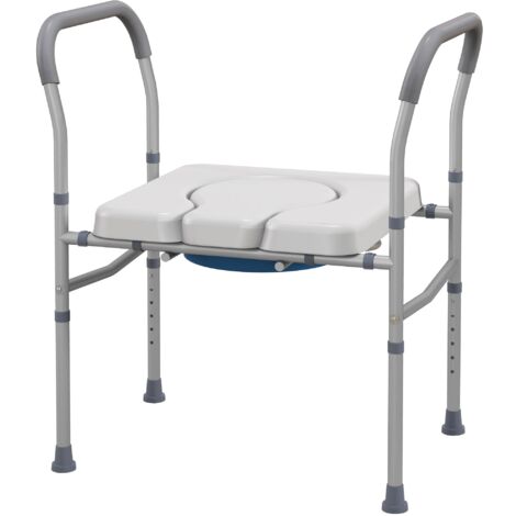 Sedia WC per Anziani e Disabili 4 in 1 Regolabile in Altezza 64x53x70-82 cm con Braccioli Imbottiti Grigio