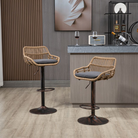 Sedie - 2 pezzi, sgabello da bar in rattan con poggiapiedi, altezza regolabile, per sala da pranzo cucina soggiorno, lino, grigio