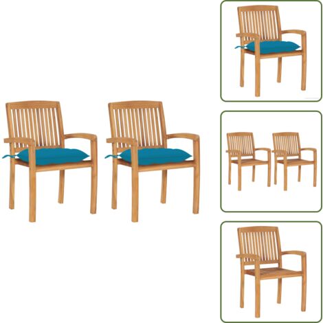 Sedie con cuscino - vidaXL Sedie da Giardino 2 pz con Cuscini Azzurro in Teak Massello - Sedie impilabili