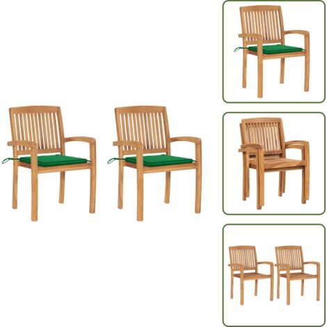 Sedie con cuscino - vidaXL Sedie da Giardino 2 pz con Cuscini Verdi Massello di Teak - Sedie impilabili