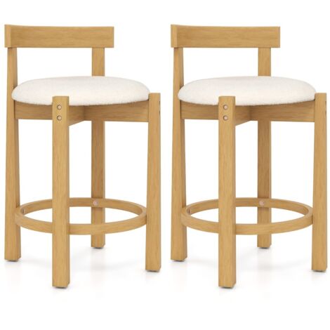 Sedie da bar imbottite in velluto teddy con schienali e poggiapiedi in legno, Set da 2 sgabelli da bar alti 62 cm Naturale