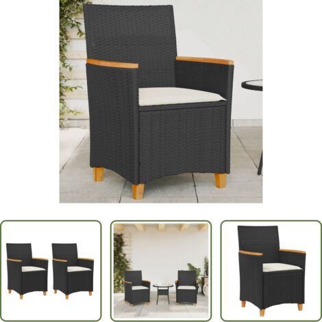Sedie da esterno -  Sedie Giardino con Cuscini 2pz Nere Polyrattan e Legno Massello
