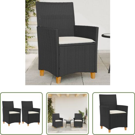Sedie da esterno -  Sedie Giardino con Cuscini 2pz Nere Polyrattan e Legno Massello