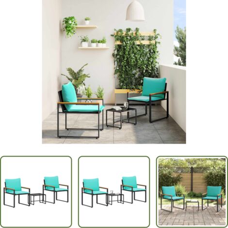 Sedie da esterno -  Set di Mobili con cuscino 3 pcs Nero e Turchese Rattan
