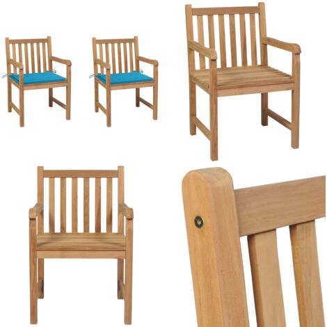 Sedie da Giardino 2 pz con Cuscini Blu in Massello di Teak - Sedie da giardino con cuscino - Sedie da giardino in legno massello