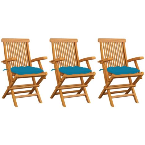 Sedie da Giardino con Cuscini Azzurri 3 pz Legno Massello Teak vidaXL