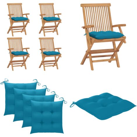 Sedie da Giardino con Cuscini Azzurri 4 pz Legno Massello Teak - Sedie in legno - Sedie pieghevoli