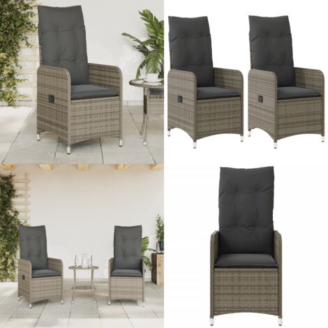 Sedie da Giardino Reclinabili 2 pz e Cuscini Grigio Polyrattan - Sedie da giardino con schienale regolabile - Cuscini per sedie da giardino