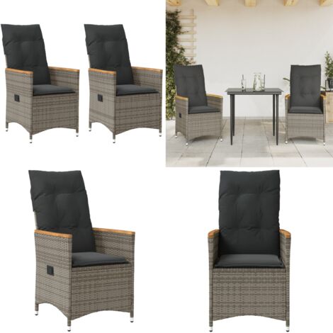 Sedie da Giardino Reclinabili 2 pz e Cuscini Grigio Polyrattan - Sedie da giardino con schienale regolabile - Cuscini per sedie da giardino