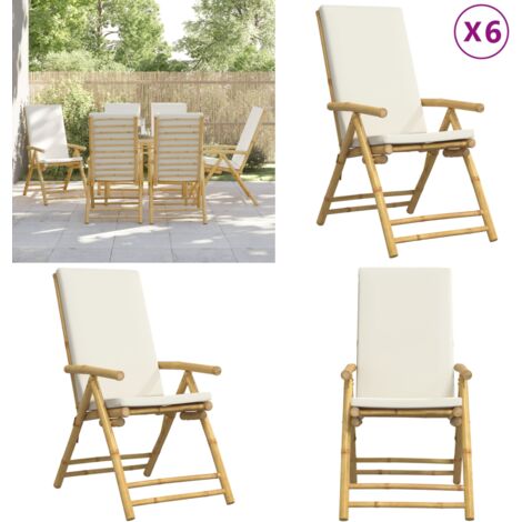 Sedie da Giardino Reclinabili 6 pz Cuscini Bianco Crema Bambù - Sedie reclinabili - Cuscini da seduta