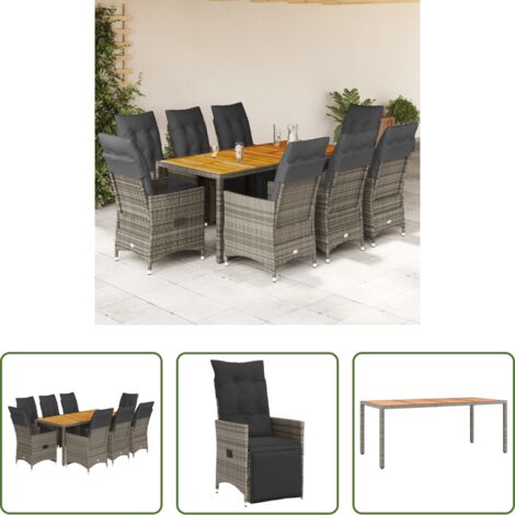 Sedie da giardino reclinabili -  Set Bistrò da Giardino 9 pz con Cuscini in Polyrattan Grigio