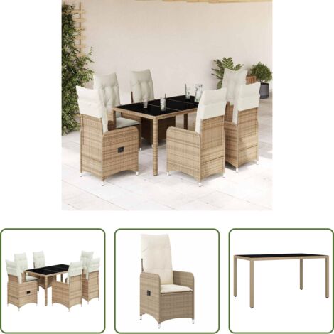Sedie da giardino reclinabili -  Set da Bistrò da Giardino 7 pz con Cuscini Beige in Polyrattan