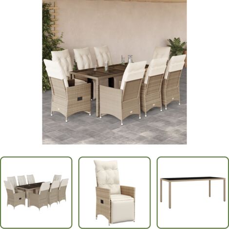 Sedie da giardino reclinabili -  Set da Bistrò da Giardino 9 pz con Cuscini Beige in Polyrattan