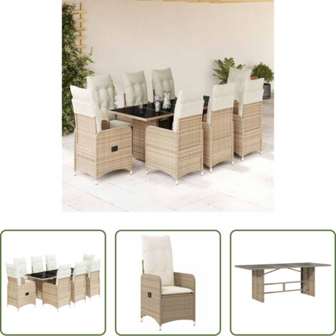 Sedie da giardino reclinabili -  Set da Bistrò da Giardino 9 pz con Cuscini Beige in Polyrattan