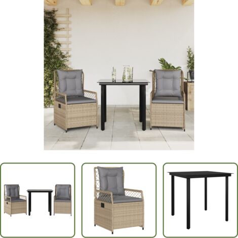 Sedie da giardino reclinabili -  Set da Pranzo da Giardino 3 pz con Cuscini Beige in Polyrattan