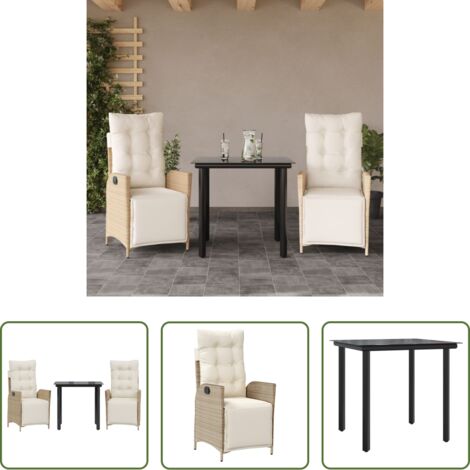 Sedie da giardino reclinabili -  Set da Pranzo da Giardino 3 pz con Cuscini Beige in Polyrattan