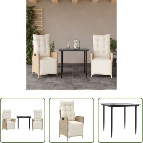 Sedie da giardino reclinabili -  Set da Pranzo da Giardino 3 pz con Cuscini Beige in Polyrattan