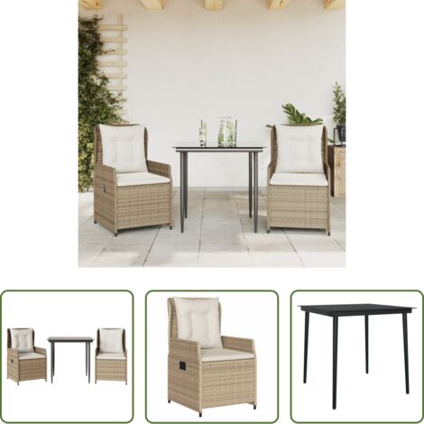 Sedie da giardino reclinabili -  Set da Pranzo da Giardino 3 pz con Cuscini Beige in Polyrattan