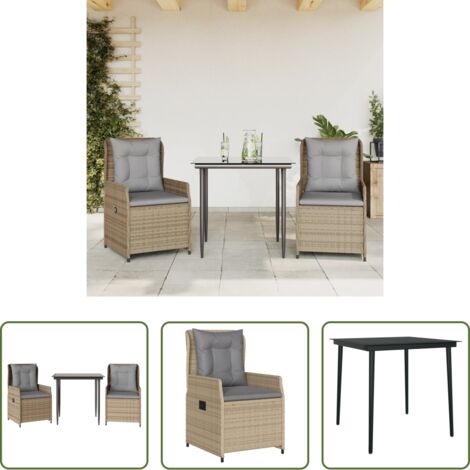 Sedie da giardino reclinabili -  Set da Pranzo da Giardino 3 pz con Cuscini Beige in Polyrattan
