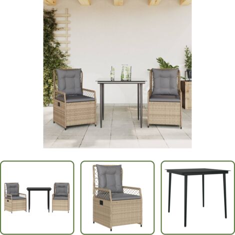 Sedie da giardino reclinabili -  Set da Pranzo da Giardino 3 pz con Cuscini Beige in Polyrattan