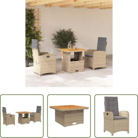 Sedie da giardino reclinabili -  Set da Pranzo da Giardino 3 pz con Cuscini Beige in Polyrattan