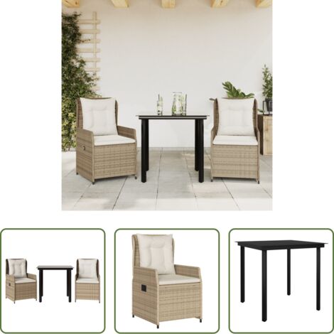 Sedie da giardino reclinabili -  Set da Pranzo da Giardino 3 pz con Cuscini Beige in Polyrattan