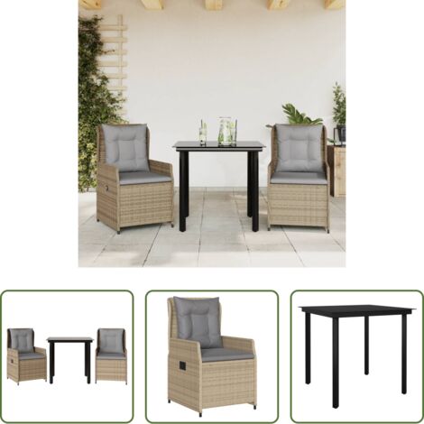 Sedie da giardino reclinabili -  Set da Pranzo da Giardino 3 pz con Cuscini Beige in Polyrattan