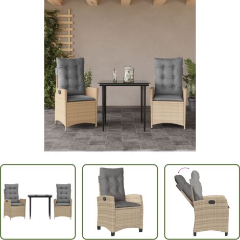 Sedie da giardino reclinabili -  Set da Pranzo da Giardino 3 pz con Cuscini Beige in Polyrattan
