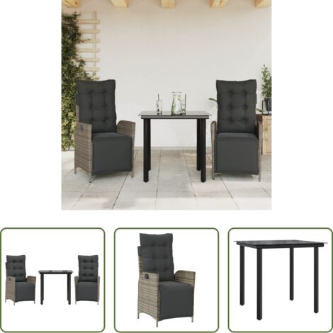 Sedie da giardino reclinabili -  Set da Pranzo da Giardino 3 pz con Cuscini in Polyrattan Grigio