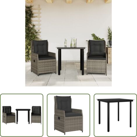 Sedie da giardino reclinabili -  Set da Pranzo da Giardino 3 pz con Cuscini in Polyrattan Grigio