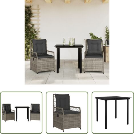 Sedie da giardino reclinabili -  Set da Pranzo da Giardino 3 pz con Cuscini in Polyrattan Grigio