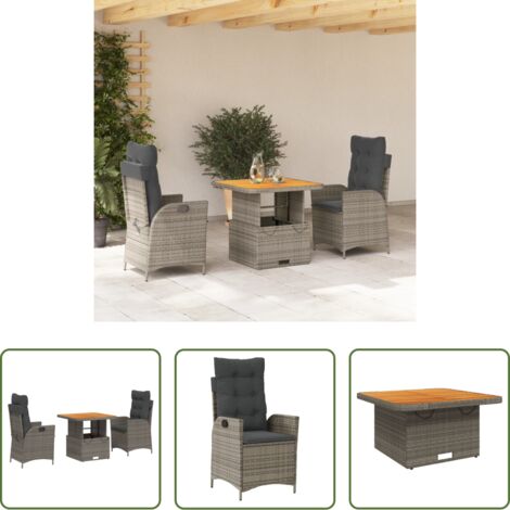 Sedie da giardino reclinabili -  Set da Pranzo da Giardino 3 pz con Cuscini in Polyrattan Grigio