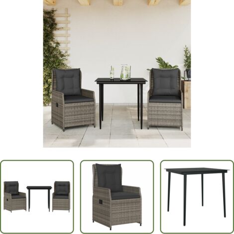 Sedie da giardino reclinabili -  Set da Pranzo da Giardino 3 pz con Cuscini in Polyrattan Grigio