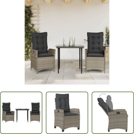 Sedie da giardino reclinabili -  Set da Pranzo da Giardino 3 pz con Cuscini in Polyrattan Grigio