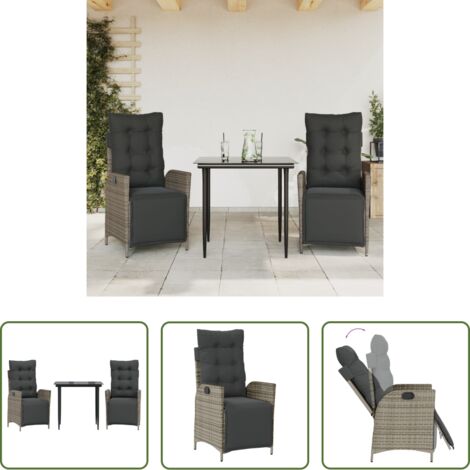 Sedie da giardino reclinabili -  Set da Pranzo da Giardino 3 pz con Cuscini in Polyrattan Grigio