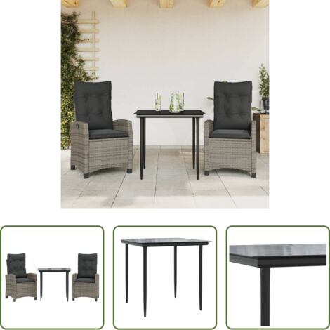 Sedie da giardino reclinabili -  Set da Pranzo da Giardino 3 pz con Cuscini in Polyrattan Grigio