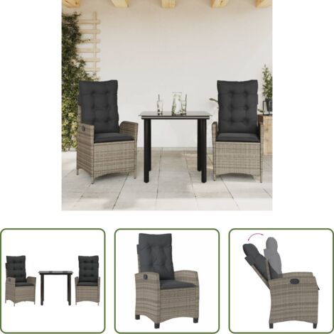Sedie da giardino reclinabili -  Set da Pranzo da Giardino 3 pz con Cuscini in Polyrattan Grigio