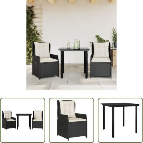 Sedie da giardino reclinabili -  Set da Pranzo da Giardino 3 pz con Cuscini Nero in Polyrattan