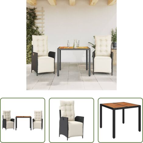 Sedie da giardino reclinabili -  Set da Pranzo da Giardino 3 pz con Cuscini Nero in Polyrattan