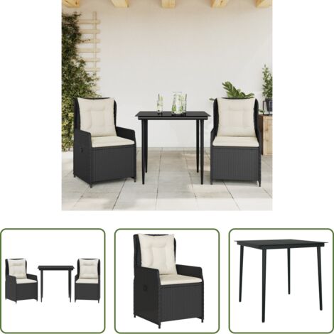 Sedie da giardino reclinabili -  Set da Pranzo da Giardino 3 pz con Cuscini Nero in Polyrattan