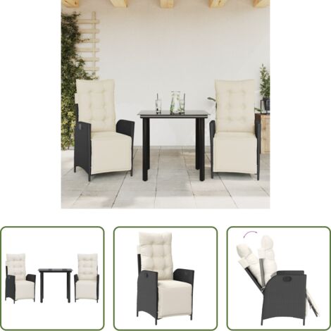 Sedie da giardino reclinabili -  Set da Pranzo da Giardino 3 pz con Cuscini Nero in Polyrattan